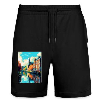 Zwolle Niederlande Vintage Reiseplakat Souvenir - Stanley/Stella Unisex Bio Joggingshorts Trainer  - Schwarz - Vorne - Nik (191cm) & Marisol (170cm)