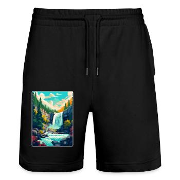 Affiche de voyage vintage des chutes de Giessbach en Suisse - Short de jogging bio TRAINER Stanley/Stella unisexe - noir - Devant - Nik (191cm) & Marisol (170cm)