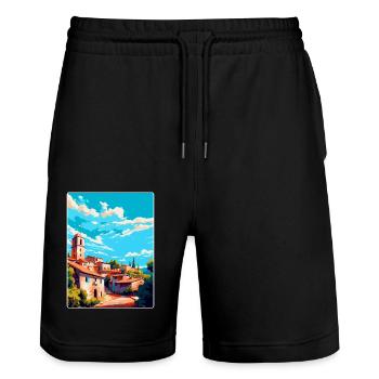 Llagostera Spain Vintage Travel Poster Souvenir - Stanley/Stella Trainer Unisex Organic Jogging Shorts - black - Front - Nik (191cm) & Marisol (170cm)