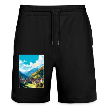 Sion Schweiz Vintage Reiseplakat Souvenir - Stanley/Stella Unisex Bio Joggingshorts Trainer  - Schwarz - Vorne - Nik (191cm) & Marisol (170cm)