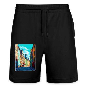 Affiche de voyage vintage Pilsen République tchèque WPA - Short de jogging bio TRAINER Stanley/Stella unisexe - noir - Devant - Nik (191cm) & Marisol (170cm)