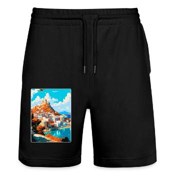 Patmos Grèce Affiche de voyage vintage WPA Souvenir - Short de jogging bio TRAINER Stanley/Stella unisexe - noir - Devant - Nik (191cm) & Marisol (170cm)