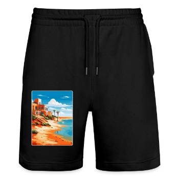Fuerteventura Spain Vintage Travel Poster Souvenir - Stanley/Stella Trainer Unisex Organic Jogging Shorts - black - Front - Nik (191cm) & Marisol (170cm)
