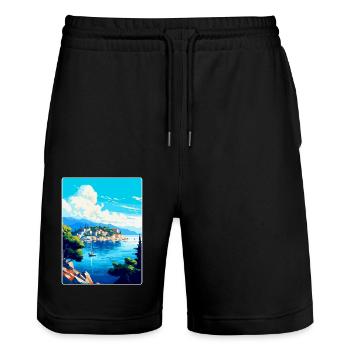 Vis Island Croatia Vintage Travel Poster Souvenir - Stanley/Stella Trainer Unisex Organic Jogging Shorts - black - Front - Nik (191cm) & Marisol (170cm)