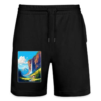 Affiche de voyage vintage des chutes de Staubbach en Suisse - Short de jogging bio TRAINER Stanley/Stella unisexe - noir - Devant - Nik (191cm) & Marisol (170cm)