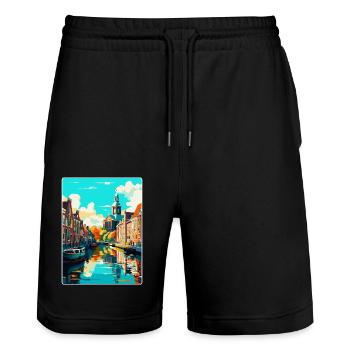 Leiden Netherlands Vintage Travel Poster Souvenir - Stanley/Stella Trainer Unisex Organic Jogging Shorts - black - Front - Nik (191cm) & Marisol (170cm)