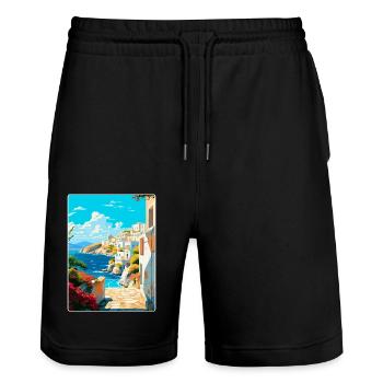 Milos Grèce Vintage Affiche de voyage WPA Souvenir - Short de jogging bio TRAINER Stanley/Stella unisexe - noir - Devant - Nik (191cm) & Marisol (170cm)