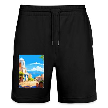 Kos Griechenland Vintage Reise Poster Souvenir Souvenir - Stanley/Stella Unisex Bio Joggingshorts Trainer  - Schwarz - Vorne - Nik (191cm) & Marisol (170cm)