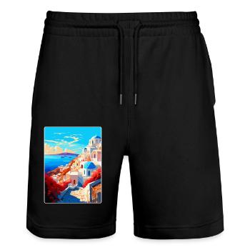 Santorini Griechenland Vintage Reiseplakat Souvenir - Stanley/Stella Unisex Bio Joggingshorts Trainer  - Schwarz - Vorne - Nik (191cm) & Marisol (170cm)