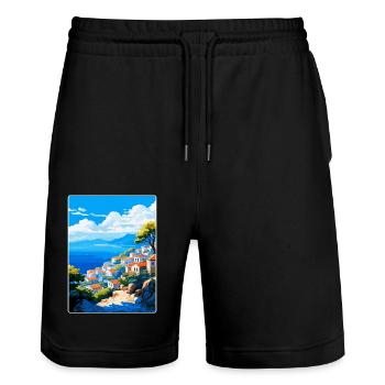Hydra Greece Vintage Travel Poster WPA Souvenir - Stanley/Stella Trainer Unisex Organic Jogging Shorts - black - Front - Nik (191cm) & Marisol (170cm)