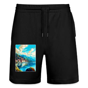 Lugano Schweiz Vintage Reiseplakat Souvenir - Stanley/Stella Unisex Bio Joggingshorts Trainer  - Schwarz - Vorne - Nik (191cm) & Marisol (170cm)