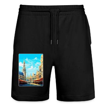 Brussels Belgium Vintage Travel Poster Souvenir - Stanley/Stella Trainer Unisex Organic Jogging Shorts - black - Front - Nik (191cm) & Marisol (170cm)