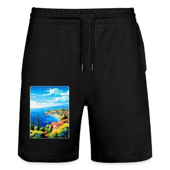Côte d Azur Frankreich Vintage Reiseplakat Souvenir - Stanley/Stella Unisex Bio Joggingshorts Trainer  - Schwarz - Vorne - Nik (191cm) & Marisol (170cm)