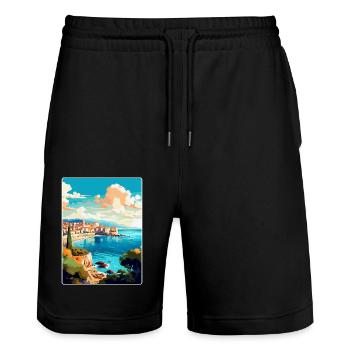 Antibes France Affiche de voyage vintage Souvenir WPA - Short de jogging bio TRAINER Stanley/Stella unisexe - noir - Devant - Nik (191cm) & Marisol (170cm)