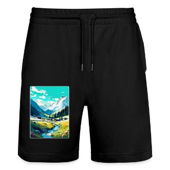 Arosa Switzerland Vintage Travel Poster Souvenir - Stanley/Stella Trainer Unisex Organic Jogging Shorts - black - Front - Nik (191cm) & Marisol (170cm)