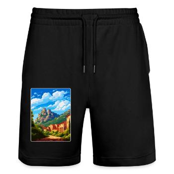 Montserrat Spain Vintage Travel Poster Souvenir - Stanley/Stella Trainer Unisex Organic Jogging Shorts - black - Front - Nik (191cm) & Marisol (170cm)