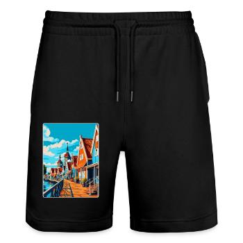 Volendam Netherlands Vintage Travel Poster WPA Art - Stanley/Stella Trainer Unisex Organic Jogging Shorts - black - Front - Nik (191cm) & Marisol (170cm)