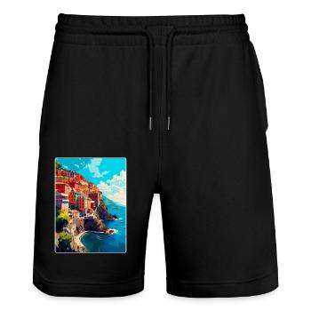 Cinque Terre Italie Affiche de voyage vintage Souvenir - Short de jogging bio TRAINER Stanley/Stella unisexe - noir - Devant - Nik (191cm) & Marisol (170cm)