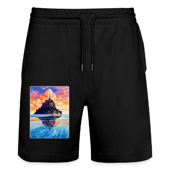 Mont Saint Michel France Vintage Travel Poster WPA - Stanley/Stella Trainer Unisex Organic Jogging Shorts - black - Front - Nik (191cm) & Marisol (170cm)