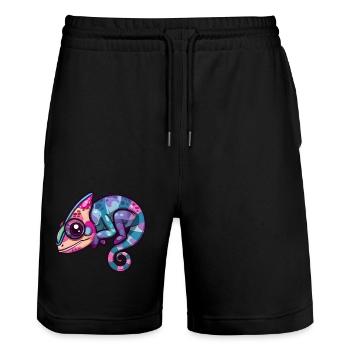 Buntes Chamäleon Große Augen Fantasie - Stanley/Stella Unisex Bio Joggingshorts Trainer  - Schwarz - Vorne - Nik (191cm) & Marisol (170cm)