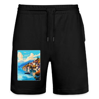 Lac d’Ohrid Albanie Affiche de voyage vintage WPA - Short de jogging bio TRAINER Stanley/Stella unisexe - noir - Devant - Nik (191cm) & Marisol (170cm)