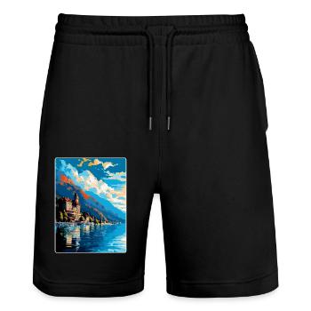 Montreux Schweiz Vintage Reiseplakat WPA Kunst - Stanley/Stella Unisex Bio Joggingshorts Trainer  - Schwarz - Vorne - Nik (191cm) & Marisol (170cm)