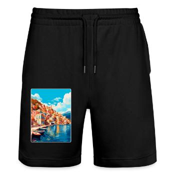 Symi Greece Vintage Travel Poster WPA Art Souvenir - Stanley/Stella Trainer Unisex Organic Jogging Shorts - black - Front - Nik (191cm) & Marisol (170cm)