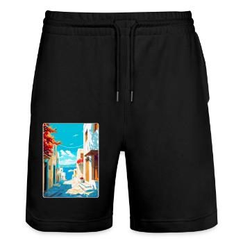 Paros Greece Vintage Travel Poster WPA Souvenir - Stanley/Stella Trainer Unisex Organic Jogging Shorts - black - Front - Nik (191cm) & Marisol (170cm)