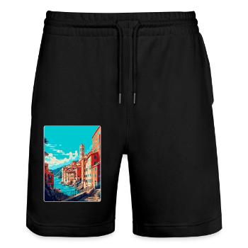 Gênes Italie Affiche de voyage vintage WPA Art Souvenir - Short de jogging bio TRAINER Stanley/Stella unisexe - noir - Devant - Nik (191cm) & Marisol (170cm)