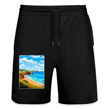 St Brelades Bay Jersey Vintage Reiseposter WPA - Stanley/Stella Unisex Bio Joggingshorts Trainer  - Schwarz - Vorne - Nik (191cm) & Marisol (170cm)