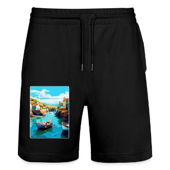 Port Issac Angleterre Royaume-Uni Affiche de voyage vintage WPA - Short de jogging bio TRAINER Stanley/Stella unisexe - noir - Devant - Nik (191cm) & Marisol (170cm)