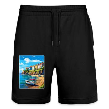 New Quay Pays de Galles Royaume-Uni Affiche de voyage vintage souvenir - Short de jogging bio TRAINER Stanley/Stella unisexe - noir - Devant - Nik (191cm) & Marisol (170cm)