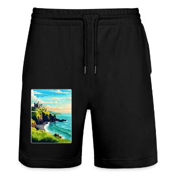 Château de Dunluce, Irlande, Royaume-Uni, Affiche de voyage vintage - Short de jogging bio TRAINER Stanley/Stella unisexe - noir - Devant - Nik (191cm) & Marisol (170cm)