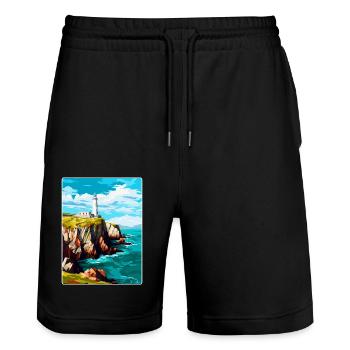 South Stack Cliffs Anglesey Affiche de voyage vintage - Short de jogging bio TRAINER Stanley/Stella unisexe - noir - Devant - Nik (191cm) & Marisol (170cm)