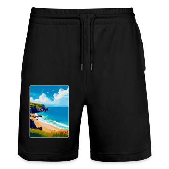 Porthcurno Beach Cornwall England Uk Travel Poster - Stanley/Stella Trainer Unisex Organic Jogging Shorts - black - Front - Nik (191cm) & Marisol (170cm)