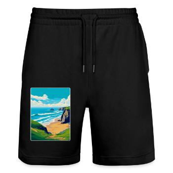 Bedruthan Steps Cornwall England Uk Travel Poster - Stanley/Stella Trainer Unisex Organic Jogging Shorts - black - Front - Nik (191cm) & Marisol (170cm)