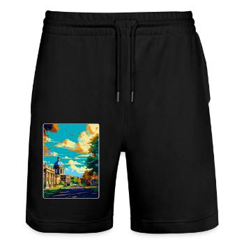 Greenwich London England Uk Vintage Travel Poster - Stanley/Stella Trainer Unisex Organic Jogging Shorts - black - Front - Nik (191cm) & Marisol (170cm)
