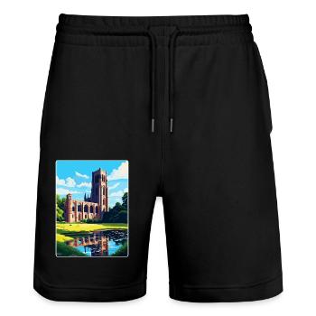 Fountains Abbey North Yorkshire Travel Poster WPA - Stanley/Stella Trainer Unisex Organic Jogging Shorts - black - Front - Nik (191cm) & Marisol (170cm)