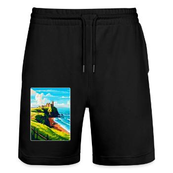 Château de Dunnottar Angleterre Royaume-Uni Affiche de voyage souvenir - Short de jogging bio TRAINER Stanley/Stella unisexe - noir - Devant - Nik (191cm) & Marisol (170cm)