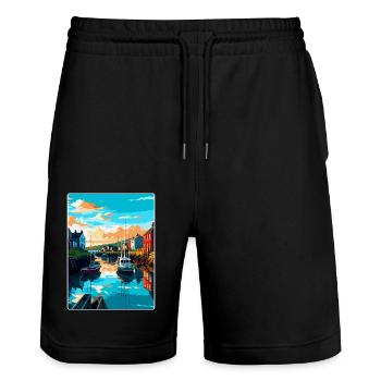 Kingsbridge England Uk Travel Poster Souvenir WPA - Stanley/Stella Trainer Unisex Organic Jogging Shorts - black - Front - Nik (191cm) & Marisol (170cm)