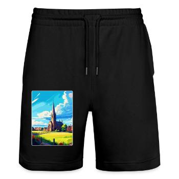St Andrews, Écosse, Royaume-Uni, Affiche de voyage, Souvenir WPA - Short de jogging bio TRAINER Stanley/Stella unisexe - noir - Devant - Nik (191cm) & Marisol (170cm)