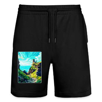 Château de Tintagel Angleterre Royaume-Uni Affiche de voyage souvenir - Short de jogging bio TRAINER Stanley/Stella unisexe - noir - Devant - Nik (191cm) & Marisol (170cm)