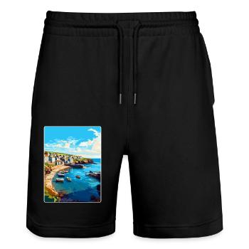 Port Issac Angleterre Royaume-Uni Affiche de voyage Souvenir WPA - Short de jogging bio TRAINER Stanley/Stella unisexe - noir - Devant - Nik (191cm) & Marisol (170cm)