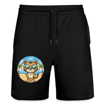 Toyger Katze Rasse Cartoon Kawaii Sonnenbrille Strand - Stanley/Stella Unisex Bio Joggingshorts Trainer  - Schwarz - Vorne - Nik (191cm) & Marisol (170cm)