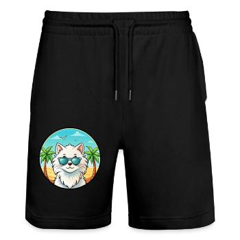 Weiße Langhaarkatze Persische Katze Rasse Cartoon Strand - Stanley/Stella Unisex Bio Joggingshorts Trainer  - Schwarz - Vorne - Nik (191cm) & Marisol (170cm)
