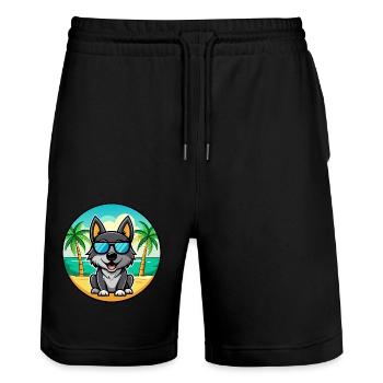 Black Norwegian Elkhound Dog Breed Cartoon Beach - Stanley/Stella Trainer Unisex Organic Jogging Shorts - black - Front - Nik (191cm) & Marisol (170cm)