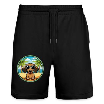 Miniatur Dackel Hund Rasse Cartoon Sonnenbrille - Stanley/Stella Unisex Bio Joggingshorts Trainer  - Schwarz - Vorne - Nik (191cm) & Marisol (170cm)