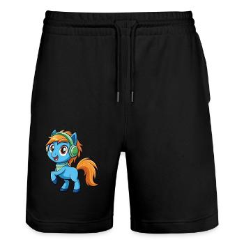Poney Drôle Dessin Animé Personnage Casque Musique - Short de jogging bio TRAINER Stanley/Stella unisexe - noir - Devant - Nik (191cm) & Marisol (170cm)