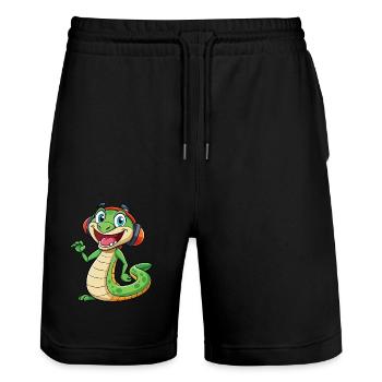 Serpent Drôle Dessin Animé Personnage Casque Musique - Short de jogging bio TRAINER Stanley/Stella unisexe - noir - Devant - Nik (191cm) & Marisol (170cm)