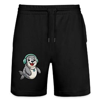 Seal Funny Cartoon Character Musique de casque - Short de jogging bio TRAINER Stanley/Stella unisexe - noir - Devant - Nik (191cm) & Marisol (170cm)